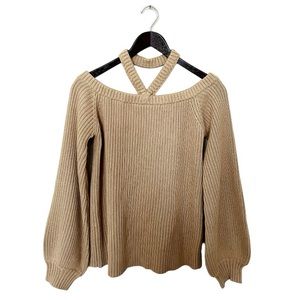 NEW Lovers and Friends Granada Brown Cut Out Ribbed Knit Puff Sleeve Sweater